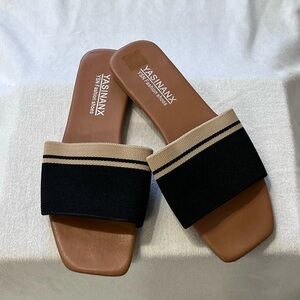 YASINANX Brown Faux Leather Slide Square Toe Sandals with Black & Beige Straps